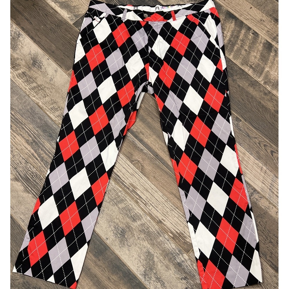 Royal and Awesome Golf Pants Rough Red White Black Argyle Diamond 40x30